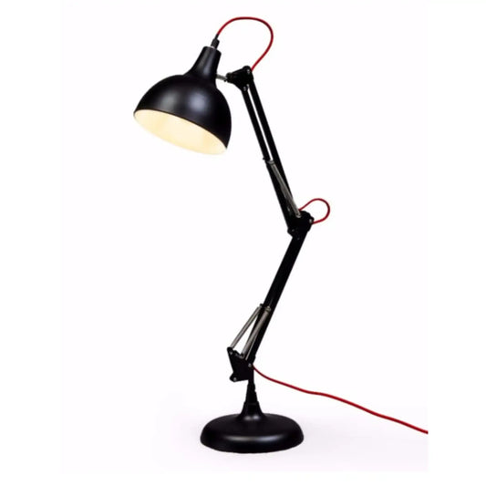 Black adjustable desk lamp with a white background