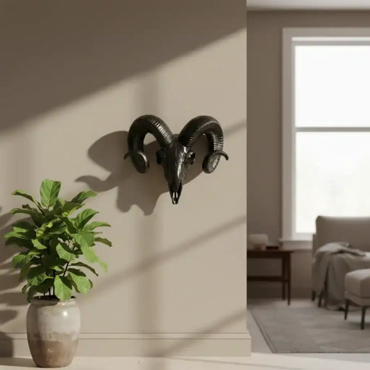 Decorative ram's head wall art above a potted plant in a room with a window.