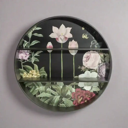 Round wall shelf with floral design on a gray background
