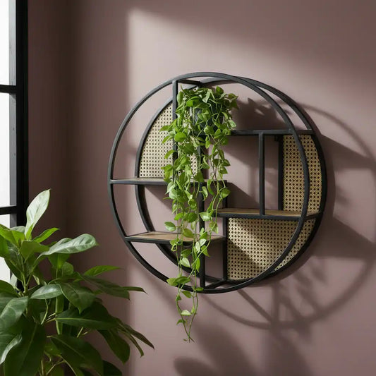 Black Metal, Wood & Rattan Display Shelves