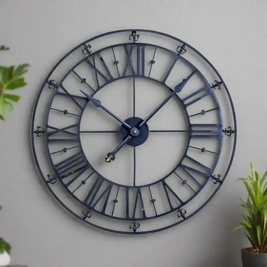 Large decorative clock with Roman numerals on a white background