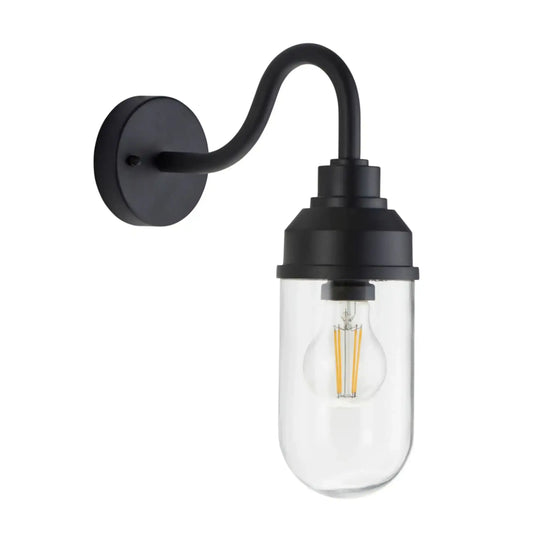 Black wall-mounted light fixture with clear glass shade on a white background