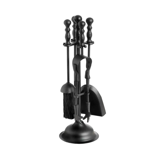 Black fireplace tool set with broom, shovel, and tongs on a white background
