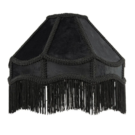Black velvet and suede lampshade with intricate braided trim and a long fringe hanging from the bottom, shown against a plain white background.