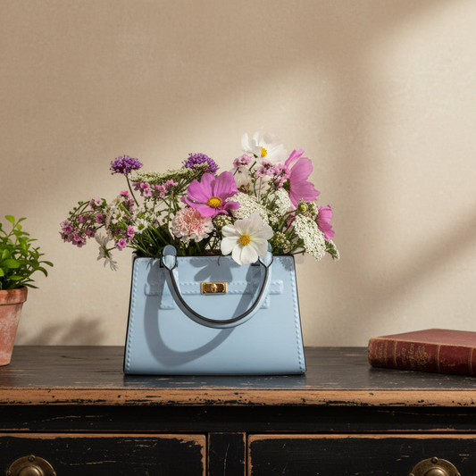 Blue handbag filled with flowers on a wooden surface with a beige wall background