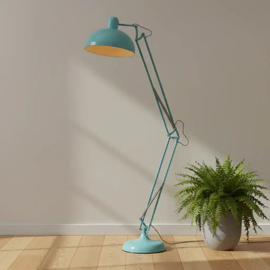 Blue floor lamp with a white background