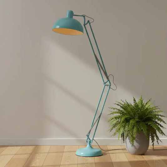 Blue floor lamp with a white background