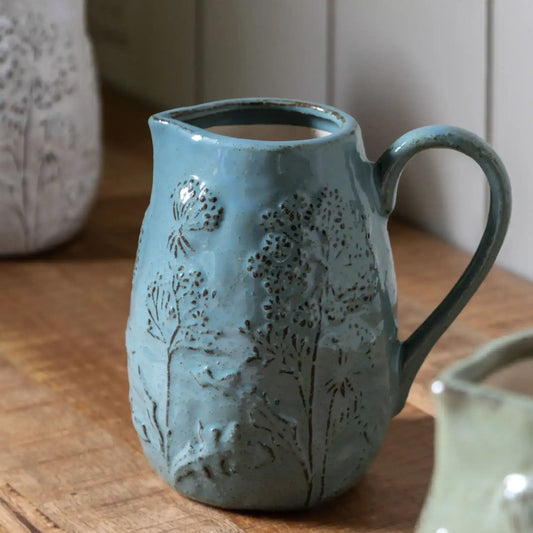 Blue Embossed Meadow Ceramic Jug Vase 3
