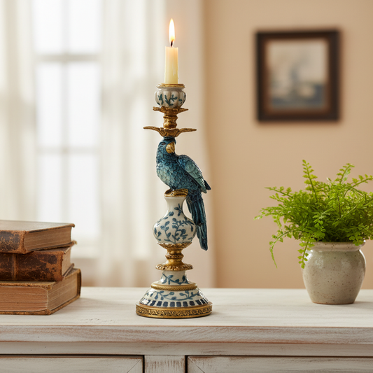 Decorative candlestick with a bird design on a table next to books and a plant.
