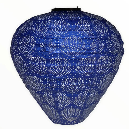 Blue paper lantern with intricate cut-out patterns on a white background