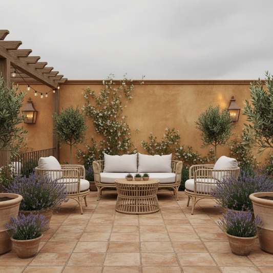 Outdoor patio with wicker furniture, plants, and a warm-toned wall.