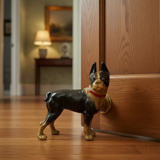Dog-shaped doormat on a wooden floor with a blurred background