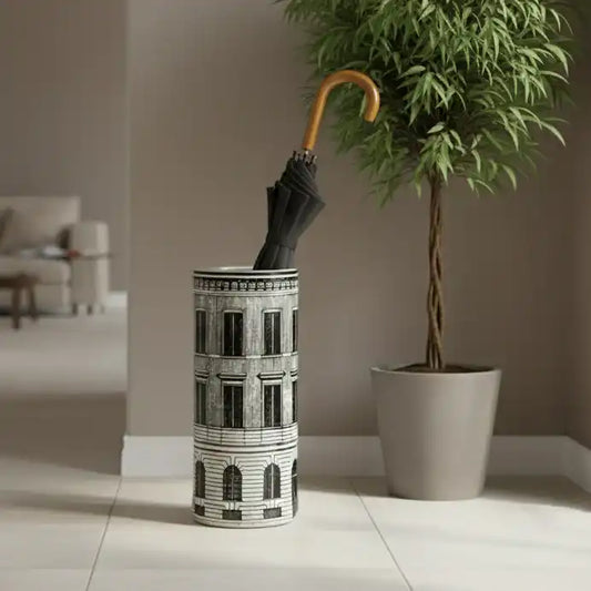Umbrella stand with a tree and umbrella inside in a room setting