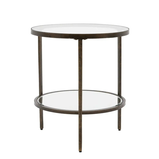 Round side table with glass top and bronze metal frame on a white background