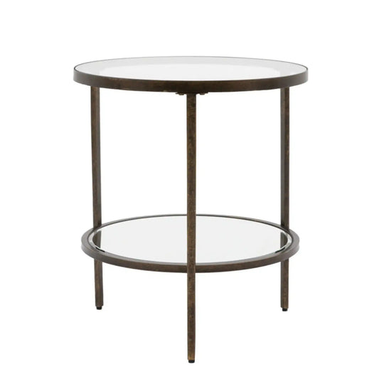 Round side table with glass top and bronze metal frame on a white background
