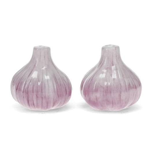 Two garlic-shaped salt and pepper shakers with a glossy, ribbed texture in a light purple and white color scheme, set against a plain white background.