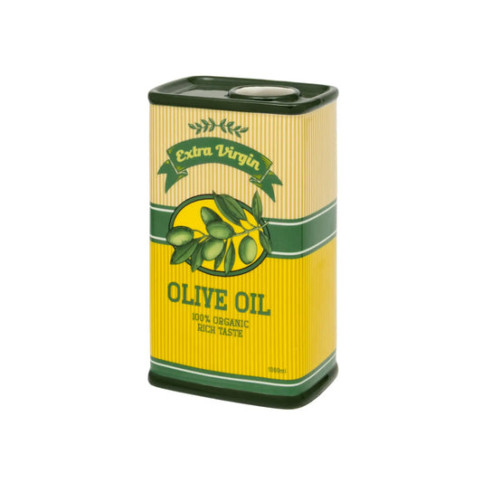 Olive oil tin with green and yellow design on a white background