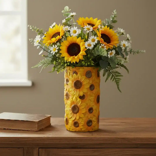 Decorative vase with sunflower pattern containing a bouquet of sunflowers and daisies on a wooden surface.