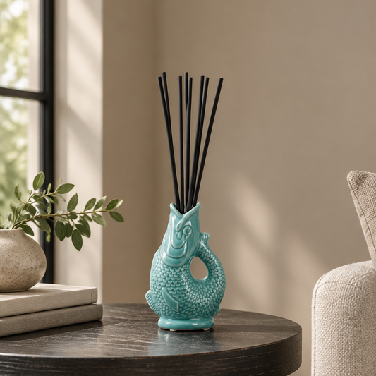 A turquoise ceramic fish-shaped reed diffuser with black reeds, displayed on a dark wooden table in a cozy, sunlit room next to a potted plant and a beige armchair.
