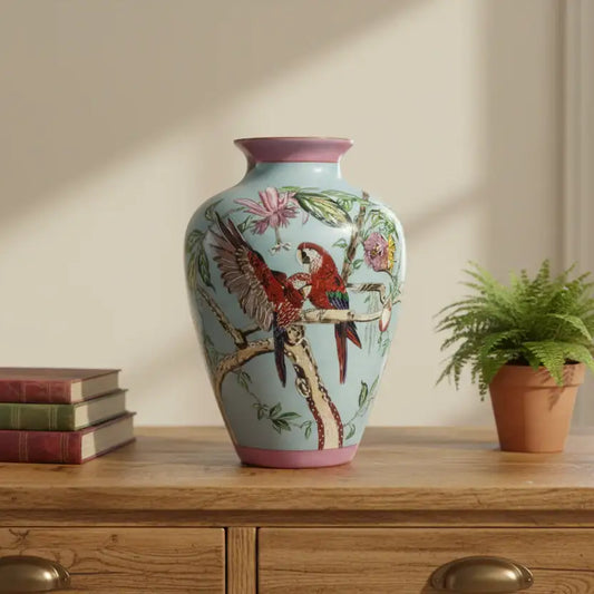 Decorative vase with bird and floral design on a wooden surface