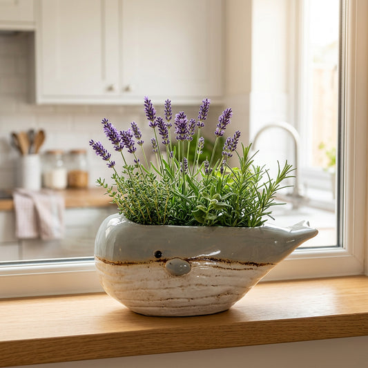 A whale-shaped ceramic planter with a light blue-gray top and a textured off-white lower body, filled with artificial green foliage and small purple flowers, displayed on a round wooden tray.