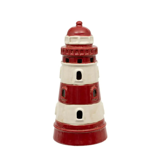 Red and white ceramic lighthouse on a white background