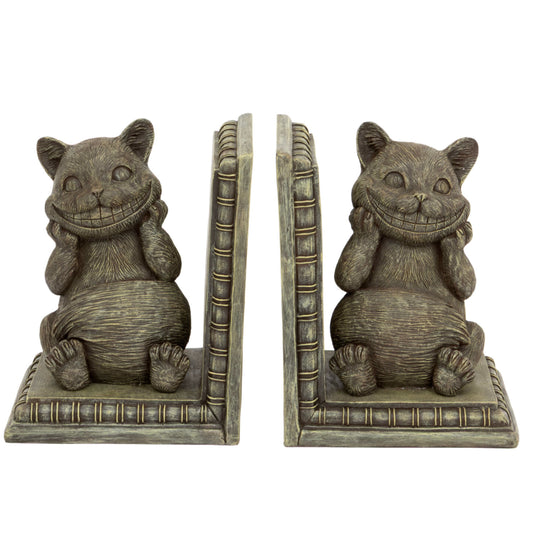A pair of bookend-style cat figurines with a weathered gray and bronze finish, shown from the front and side against a white background.