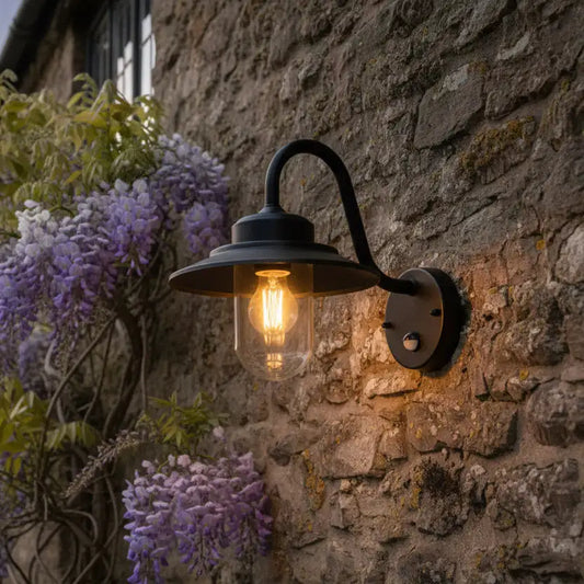 Wall-mounted outdoor light fixture on a stone wall with wisteria plants.