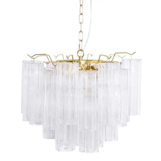 Gold chandelier with clear glass elements on a white background