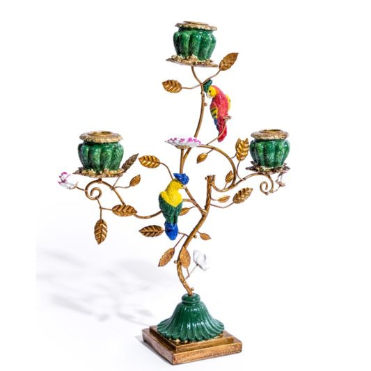 Decorative candelabra with colorful bird figurines on a white background