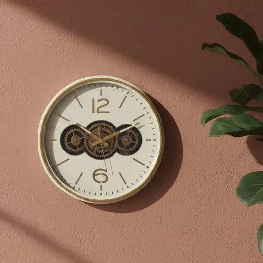 Cream & Gold Cogs Wall Clock