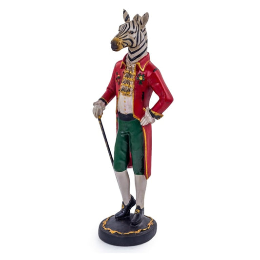 Statue of a zebra in formal attire with a red coat and green pants on a white background