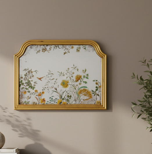 Decorative wall mirror with floral design and gold frame on a beige wall.