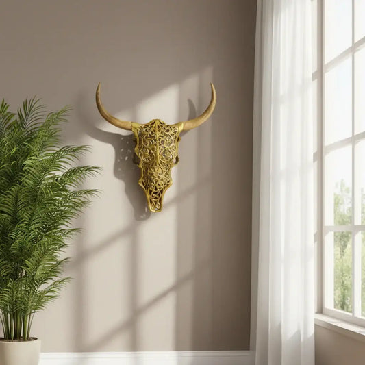 Decorative gold bull skull on a wall next to a window with sunlight streaming in