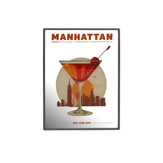 Manhattan cocktail poster with a glass and cherry on a white background