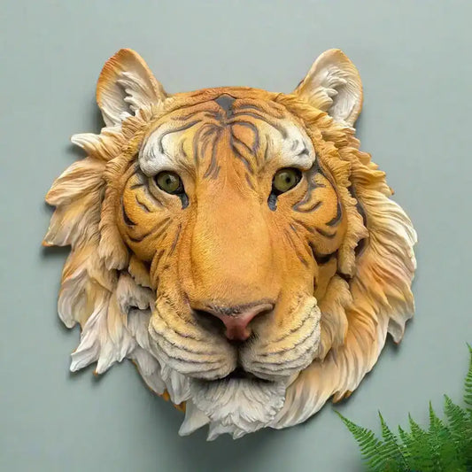 Faux tiger head mount on a gray background