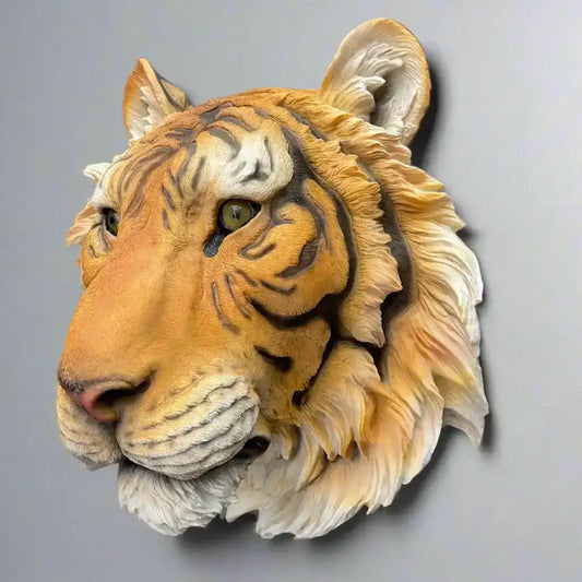 Faux tiger head mount on a dark gray background