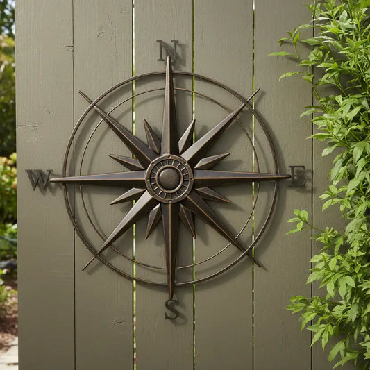 Decorative compass wall art on a wooden panel with greenery around