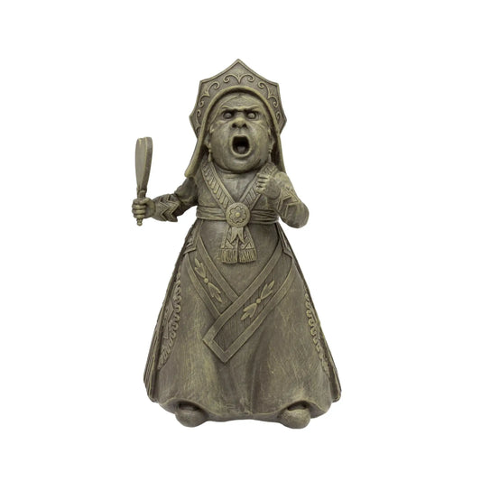 Bronze-colored figurine of a warrior with a helmet and spear on a white background