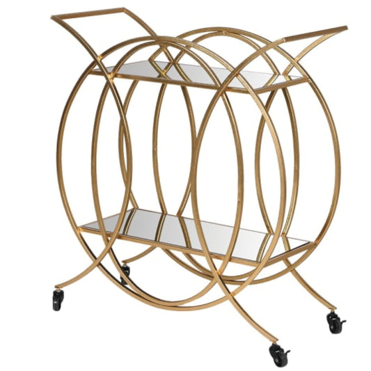 Gold circular bar cart with two shelves on a white background