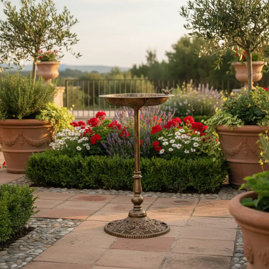 Decorative bird bath in a garden setting with potted plants and flowers.