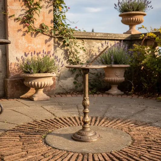 Decorative garden table with ornate design in a garden setting with stone walls and lavender plants.