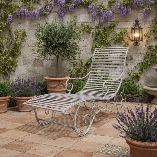 Distressed Grey Metal Garden Lounger - The Farthing