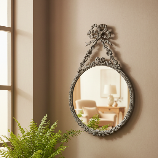 Decorative wall mirror with floral design on a beige wall, next to a window and plant.