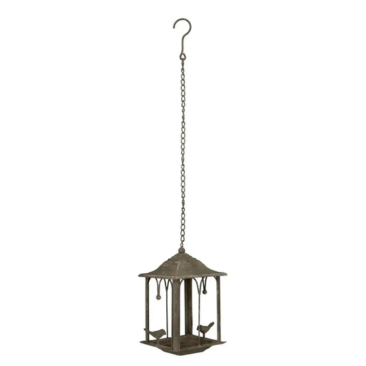 Bronze hanging bird feeder on a white background