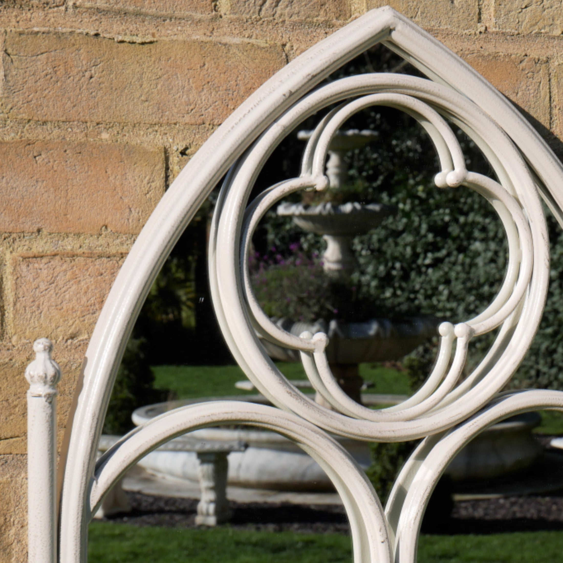 Distressed Off White Gothic Window Inspired Outdoor Garden Wall Mirror 3