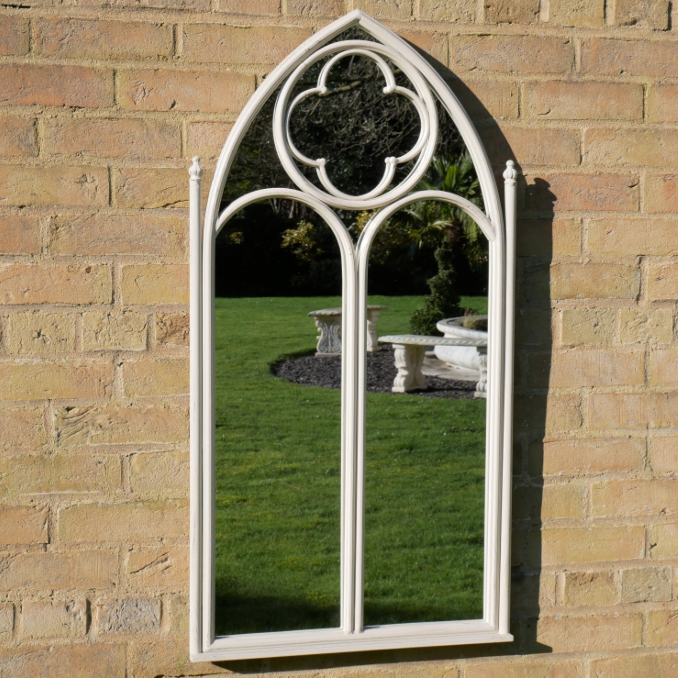Distressed Off White Gothic Window Inspired Outdoor Garden Wall Mirror 1