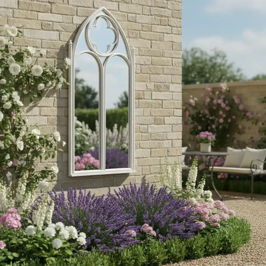 Distressed Off White Gothic Window Outdoor Garden Mirror