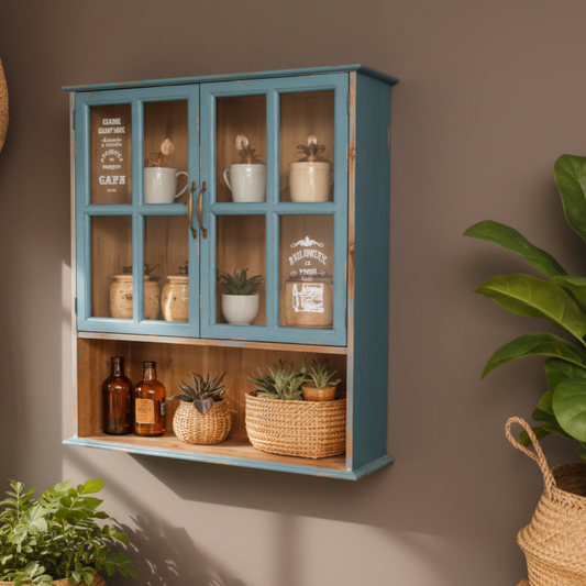 Wooden cabinet with glass doors displaying various items against a brown wall.