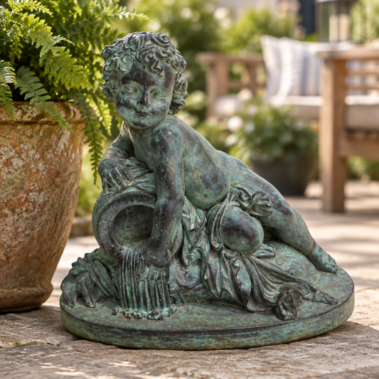 A round outdoor garden statue of a cherub with a green verdigris patina, shown on a stone patio next to a potted fern.